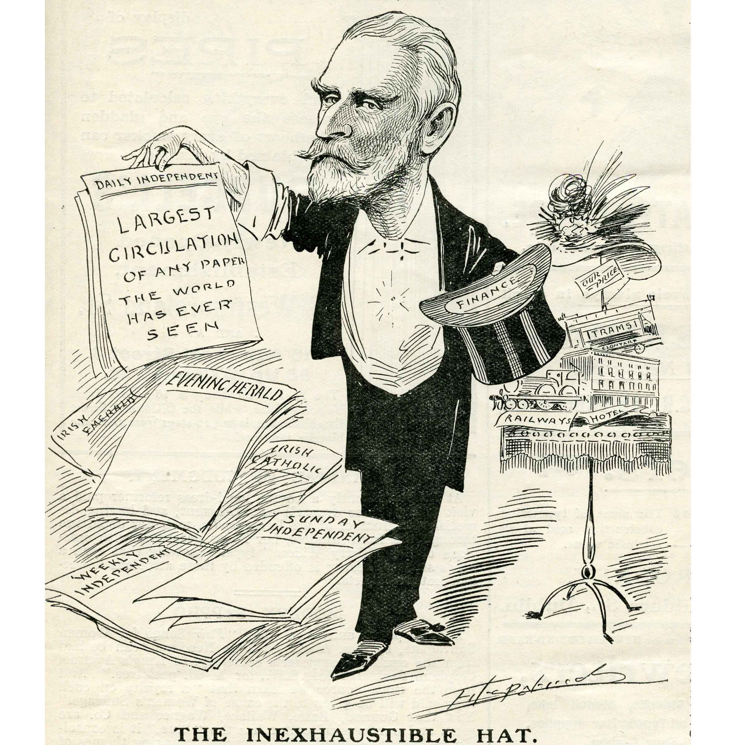 William Martin Murphy, proprietor of the Irish Independent and leader of the employers' federation. This caricature of Mr. Murphy was published in The Lepracaun Cartoon Monthly in 1908.