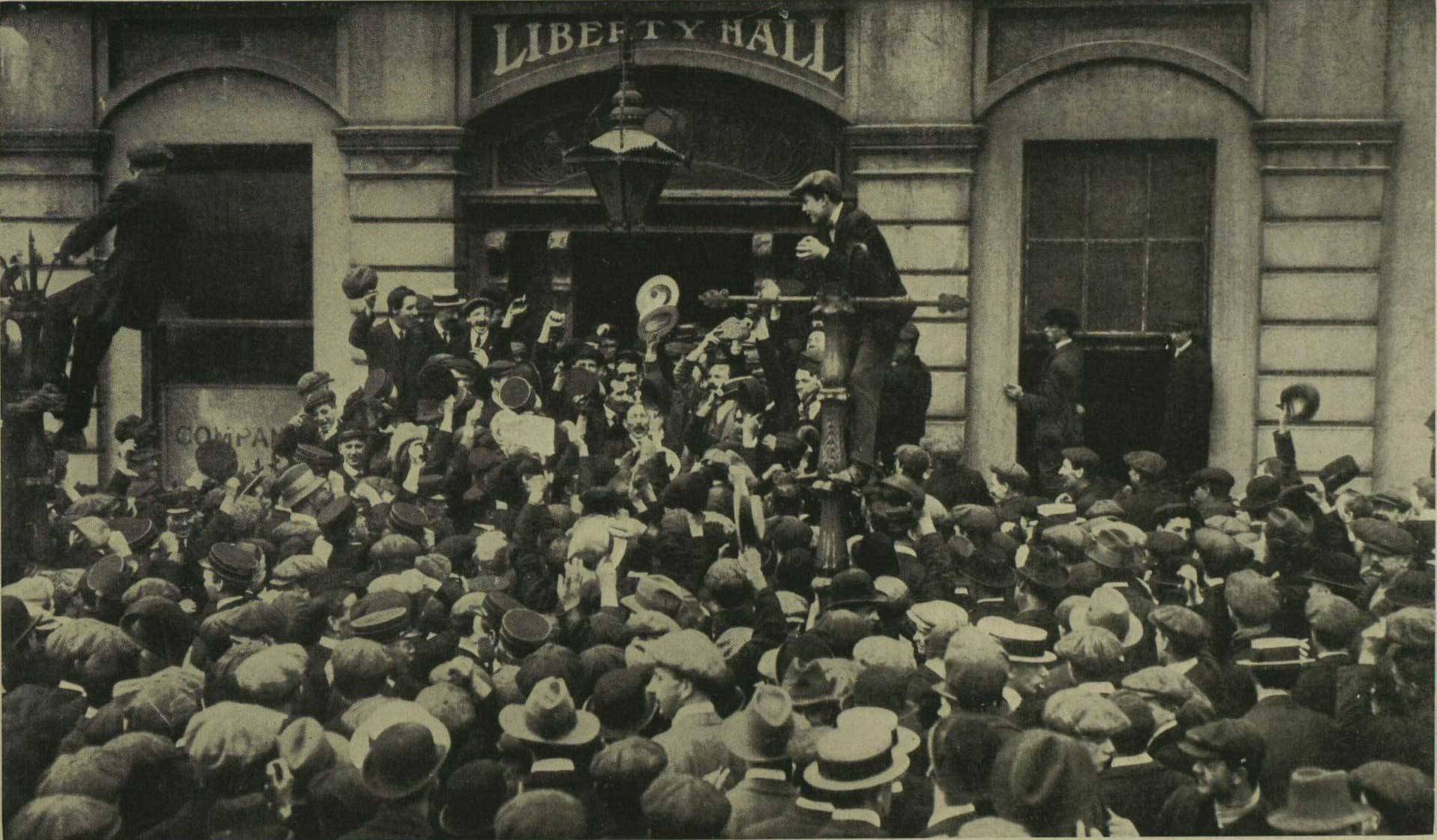 Larkin supporters outside the offices of the ITGWU early last month. The Attorney General has stated that Larkin's inflammatory speeches had contributed to the disorder that plagued the city since late August