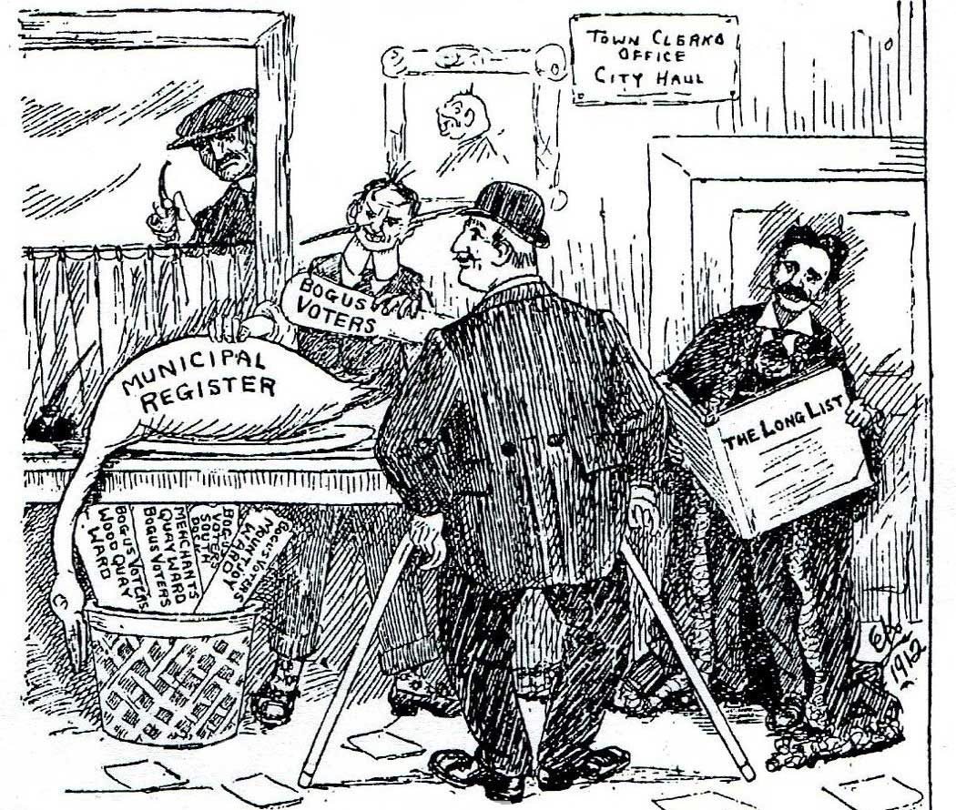 Ernest Kavanagh cartoon, published in The Irish Worker, accusing the opponents of Labour in the city of creating bogus voters in order to ensure victory in the local elections.