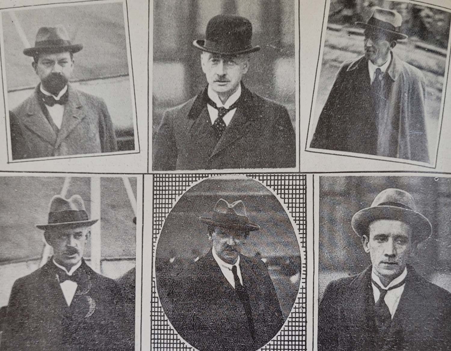 Some members of the new cabinet. Clockwise from top left: George Gavan Duffy, W.T. Cosgrave, Richard Mulcahy, Kevin O'Higgins, Michael Collins and Eamonn Duggan