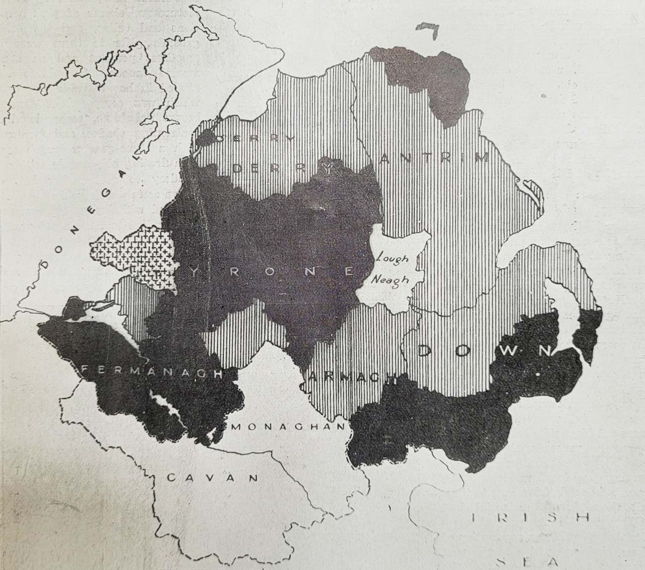 Map showing boundary line of Six Counties - identifies Partition areas, anti-partition areas, equally divided areas, wider Ulster areas