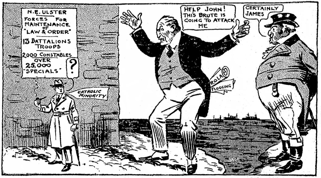 Cartoon showing James Craig and his reaction to the perceived threat from Catholics in Ulster