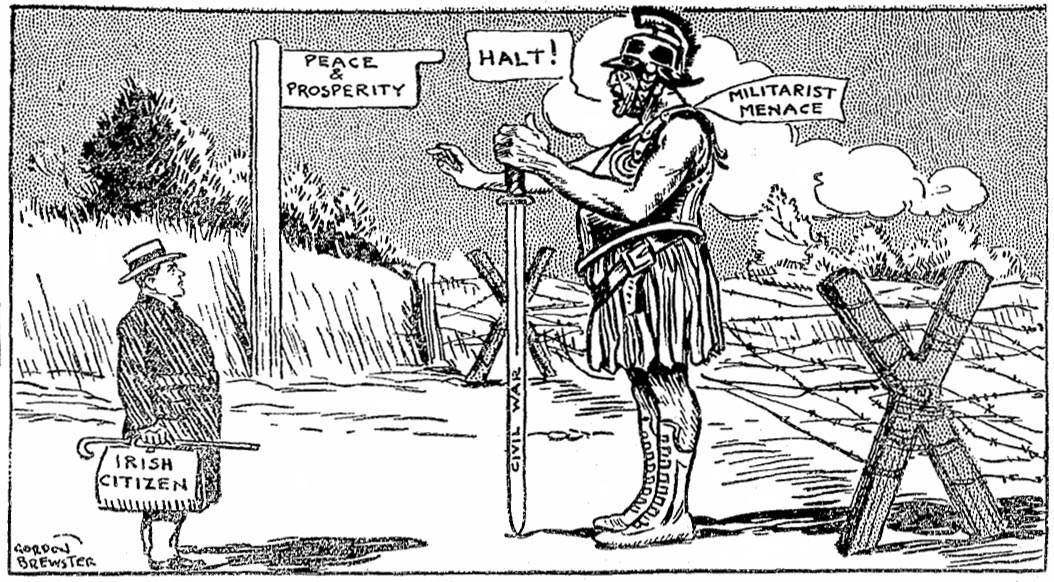 Cartoon showing militarism as an obstacle to peace