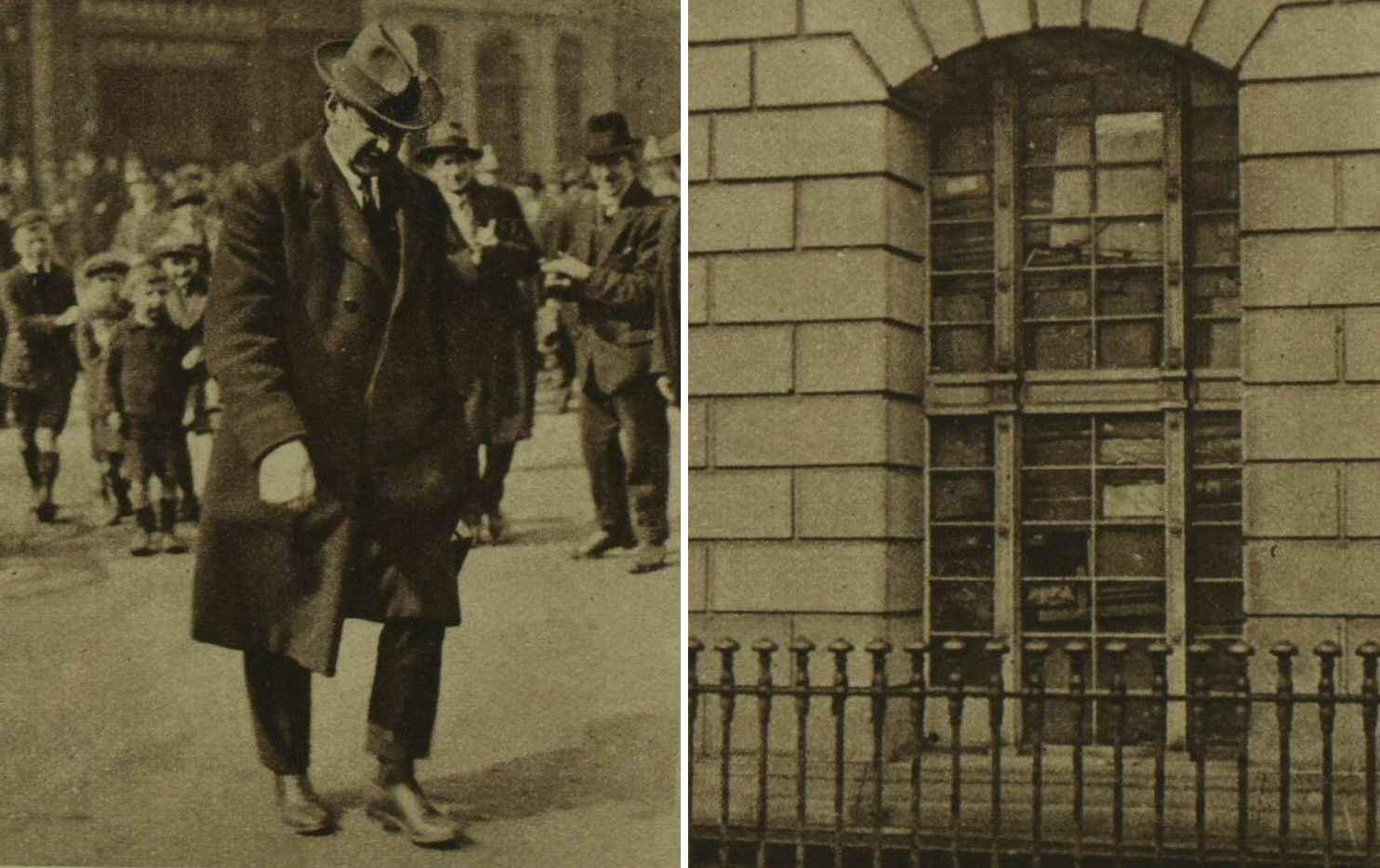 Left: Michael Collins arriving for the Mansion House conference. Right: Books and boxes blocking a window of the Four Courts, recently occupied by anti-treaty forces