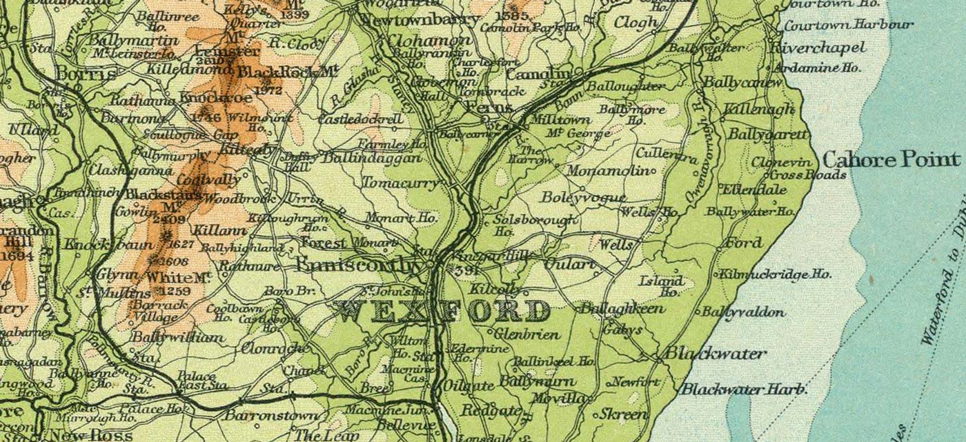 Detail of a map of Wexford with the town of Ballygarrett visible near the coast just north of Cahore Point