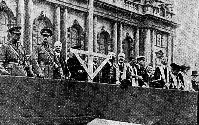 Scene outside Belfast City Hall on the 2 of July 1923, when citizens paid homage to the memory of men of the Ulster Division who died during the battle of the Somme. Lord Mayor of Belfast pictured centre. 