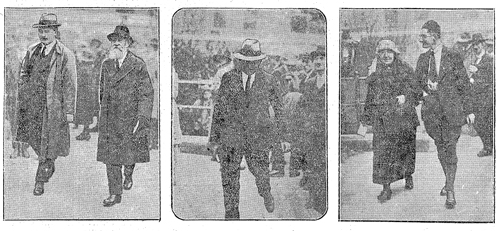 Snapshots of Delegates to the Sinn Féin in Dublin arriving at the Mansion House: - (Left to right) (1) Count Plunkett (right) with a friend; (2- centre) Mr. Dan Breen, T.D., who was recently released from prison; and (3) Mrs. Sheehy-Skeffington accompanied by Mr. O h-Uadhaigh, solicitor. 