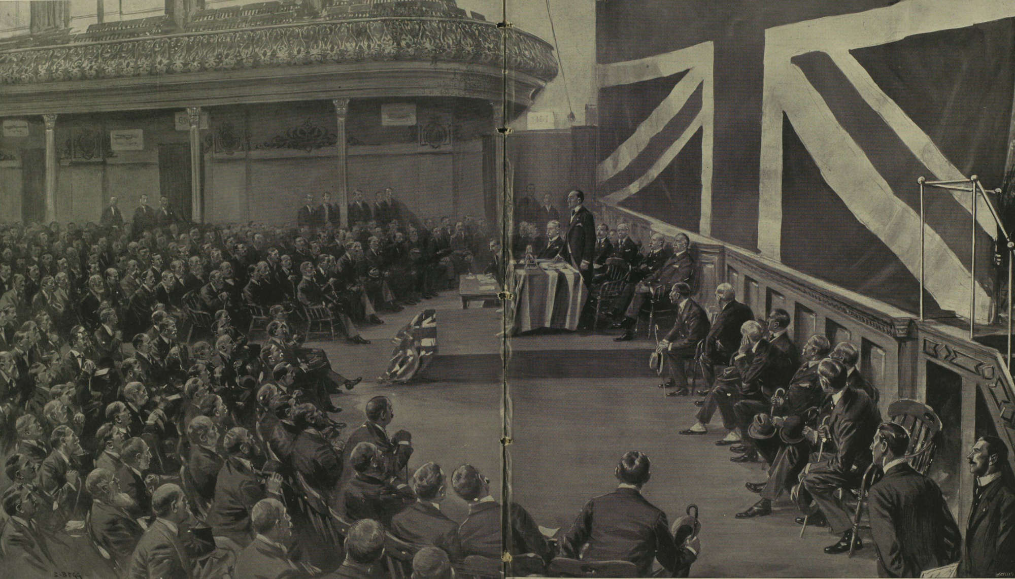 Sir Edward Carson addressing a meeting of the Ulster Provisional Government in the Ulster Hall in Belfast two days ago