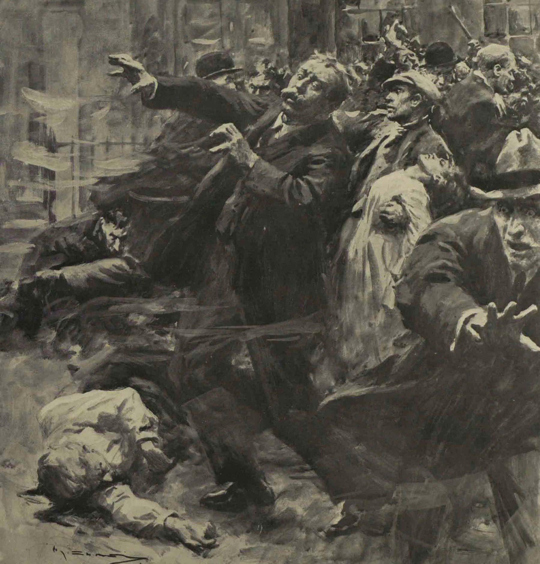 An artist's interpretation of the chaotic scenes at Bachelors Walk.