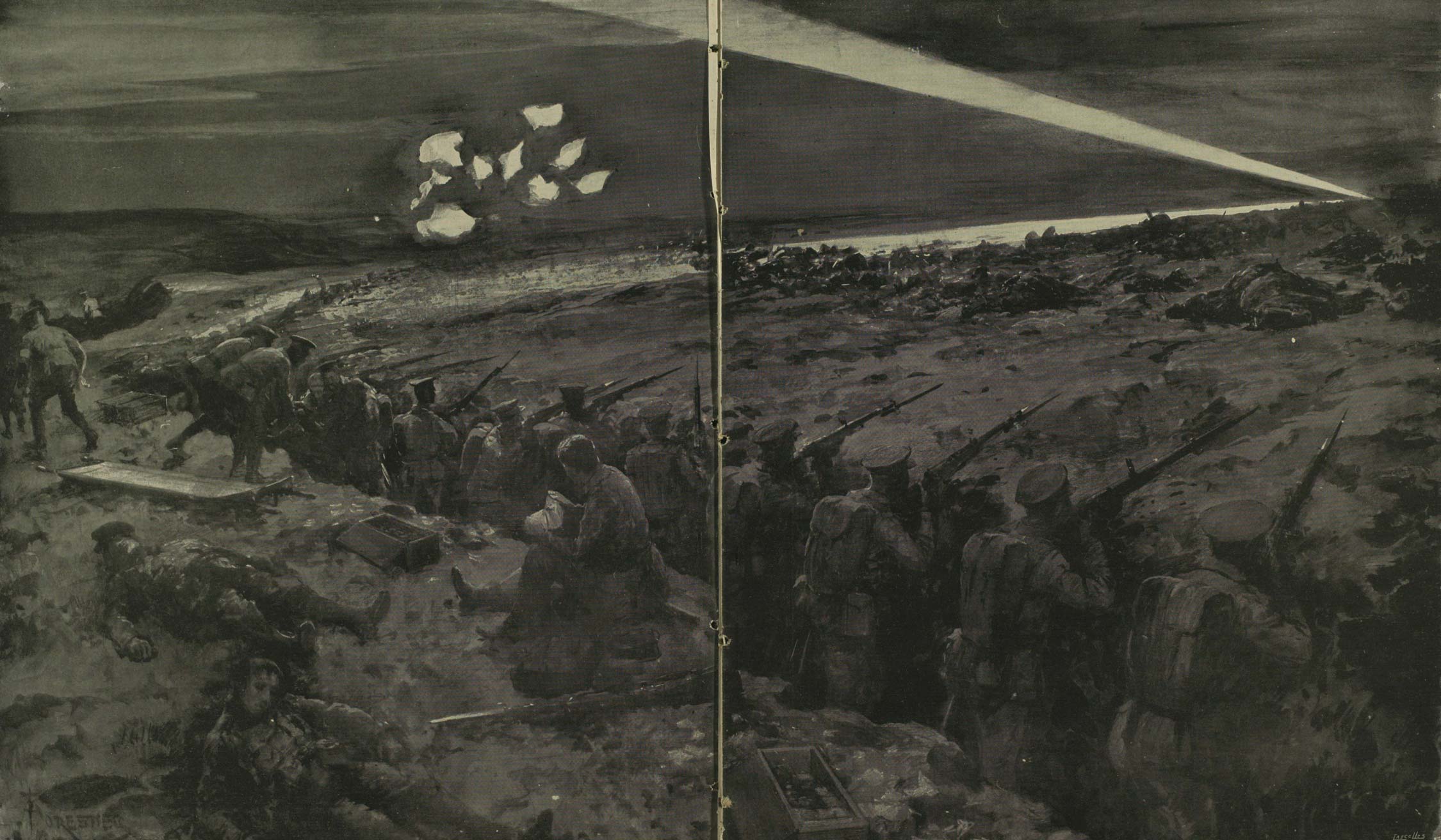 An artist's interpretation of the night after the first day of battle at Mons, with German searchlights sweeping over the field in quest of moving British troops. Drawn by A. Forrester from a sketch by Frederic Villiers