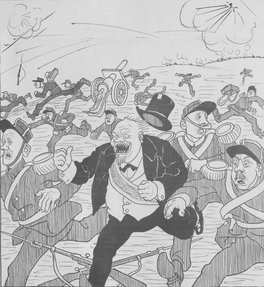 President Poincaré is seen here leading the flight in the face of the advancing German army. From Austrian satirical publication Wiener Caricaturen.