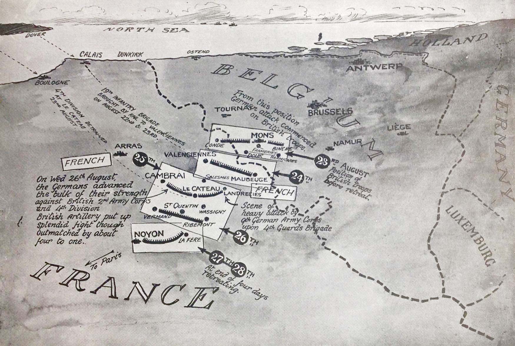 An illustration from Irish Life, showing the positions during the British retreat from Mons