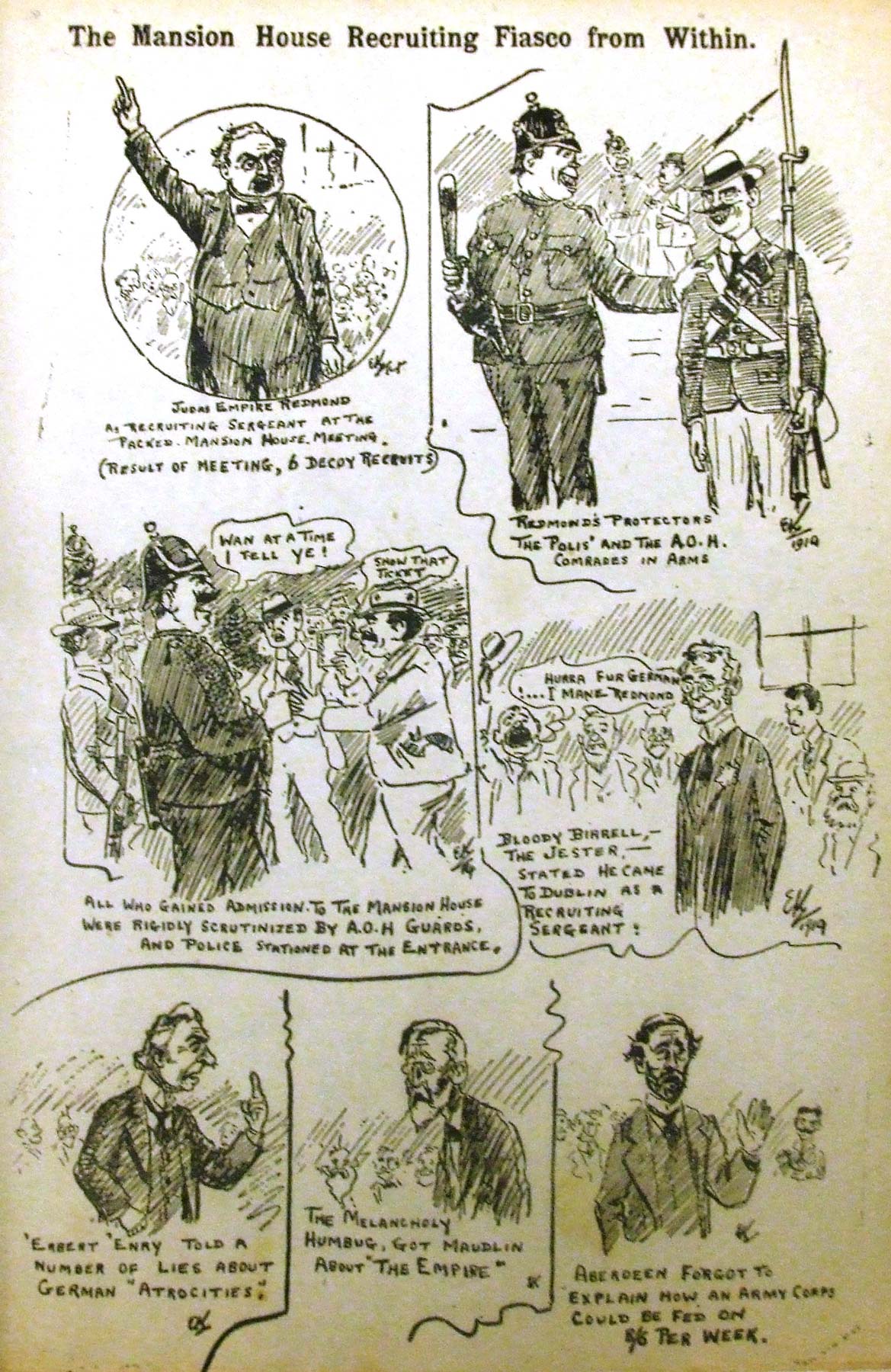 Cartoonist Ernest Kavanagh lampoons Asquith's appearance at the Mansion House, published in the Irish Worker, 3 October 1914