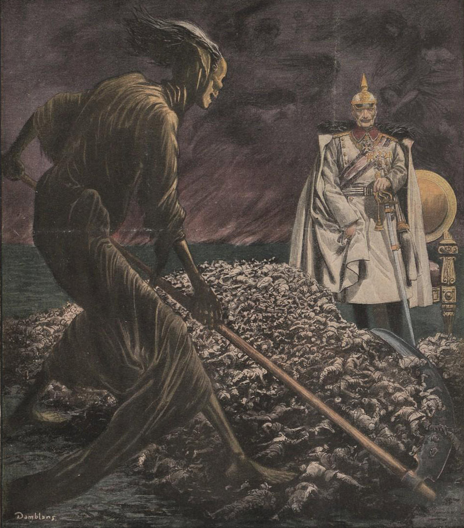A French newspaper's depiction of Death offering the Kaiser a birthday a macabre birthday present. 