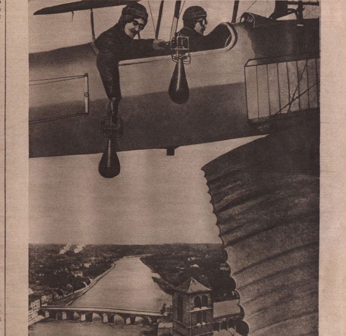 Bombs thrown from aircraft have become a constant source of concern for those living in cities and towns during this war. This image shows German airmen bombing a town in Flanders before the area fell under their control