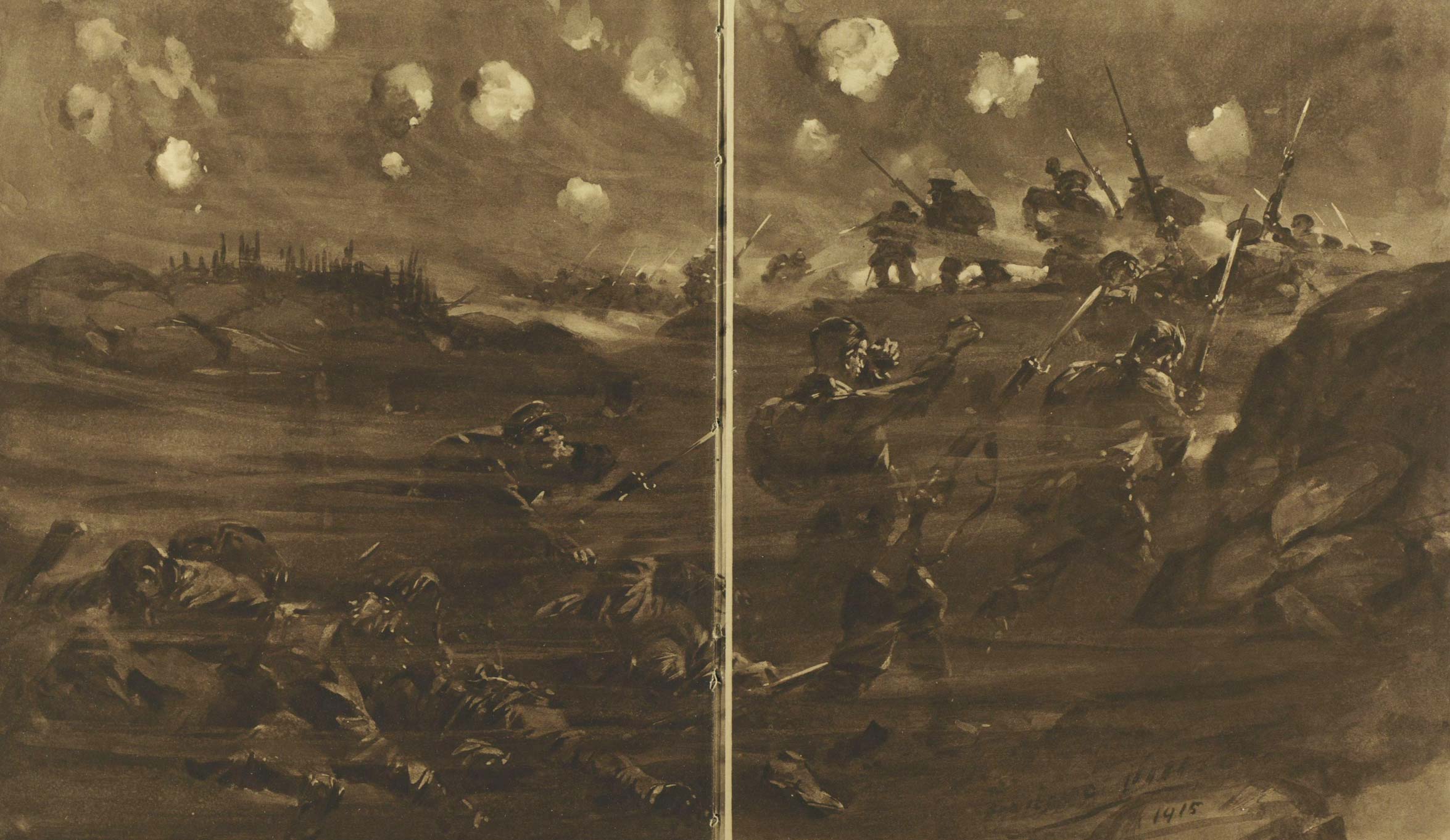 A British charge through poison gas on Hill 60