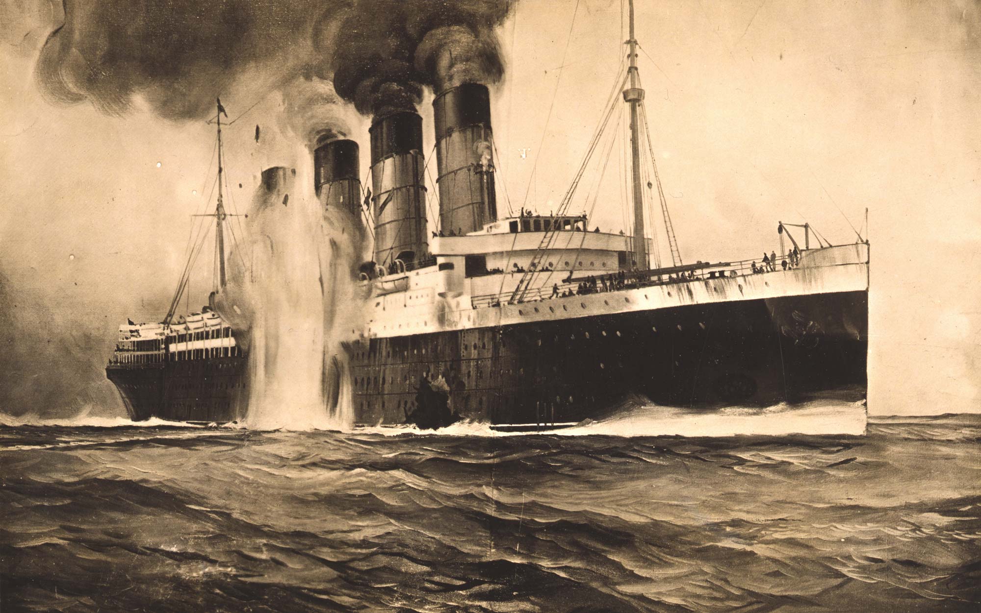 Lusitania sunk by German torpedo