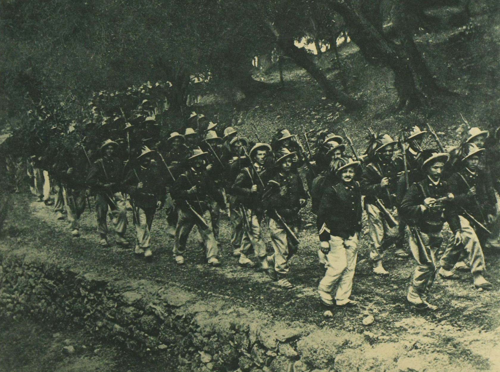Italian Light Infantry riflemen on the march. The war-strength of the Italian army has been estimated at over 3.1 million men.