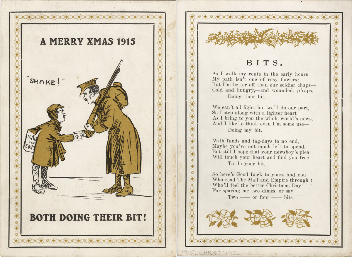 A Christmas card from 1915 showing the importance of everyone doing their bit during the war. 