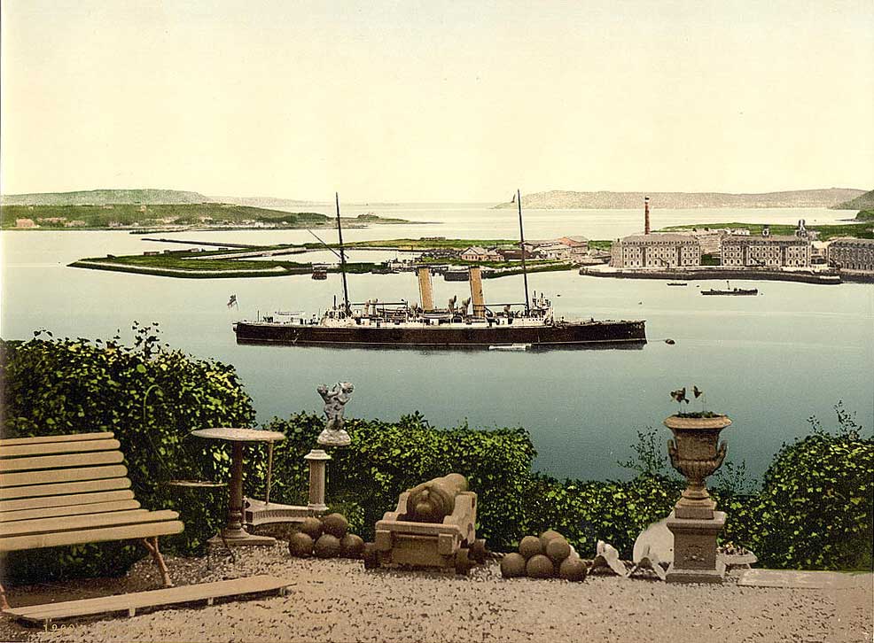 A view of Queenstown harbour from the shore ca. 1900. The decision of the Cunard company to end its stop-over here has led to calls for a new port on the western seaboard