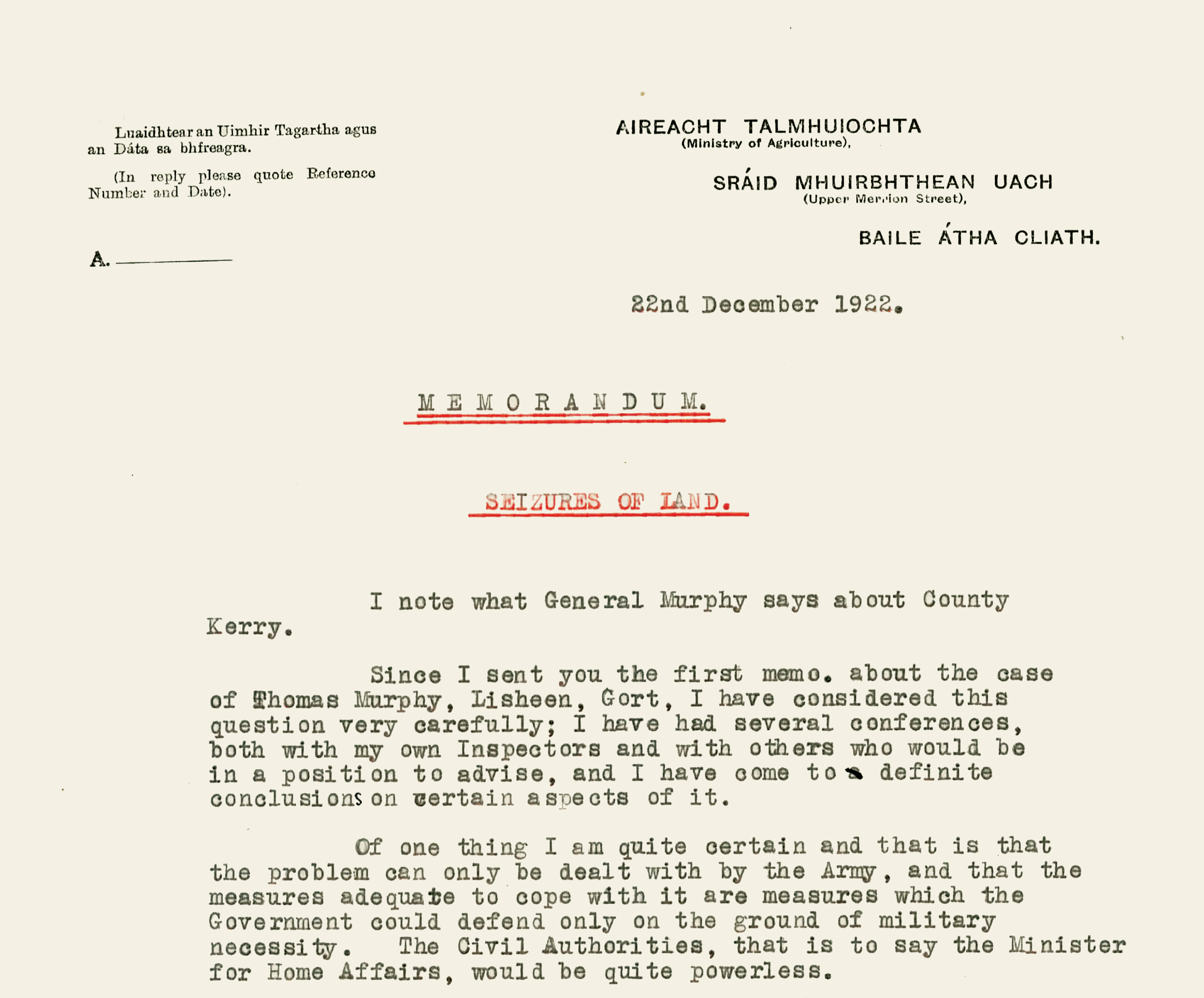 22 December 1922: Patrick Hogan’s Memorandum on Land Seizures
