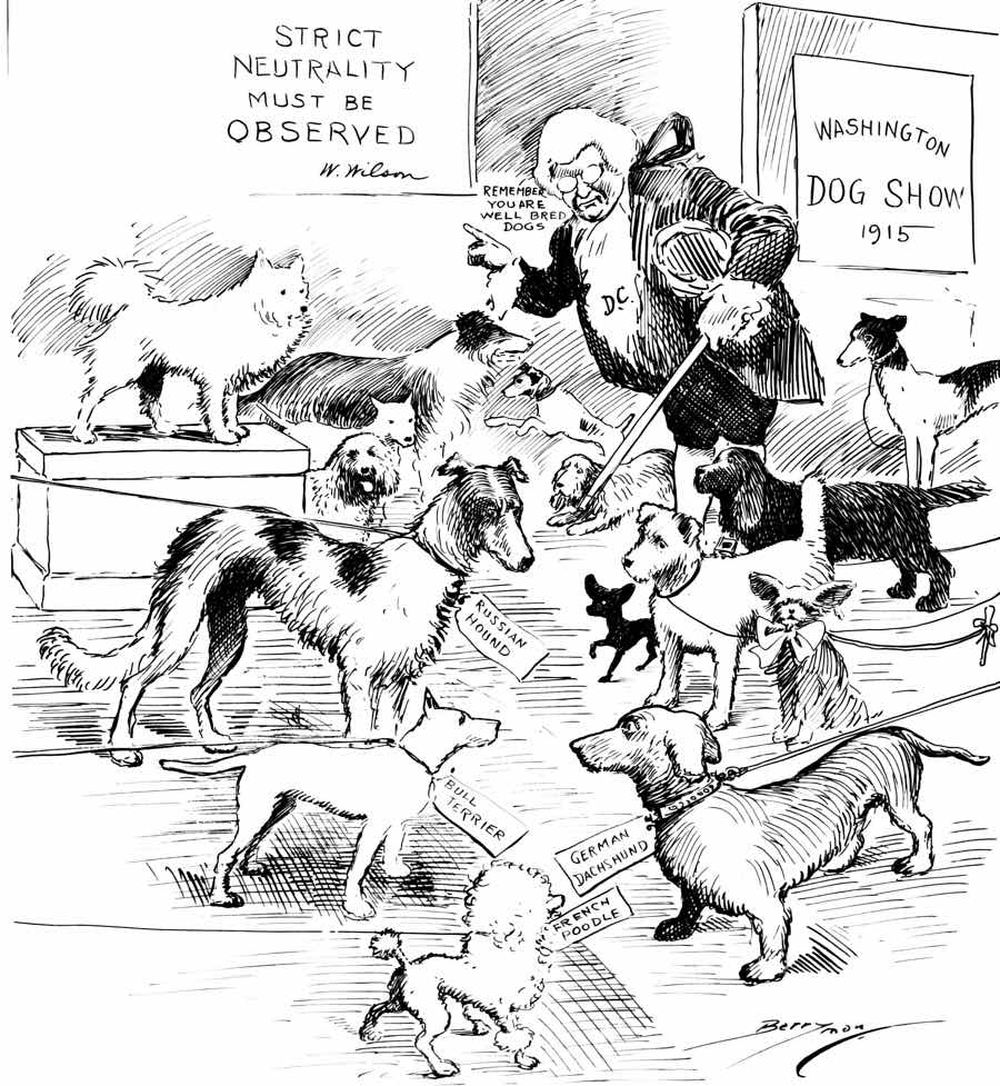 Cartoon by Clifford Berryman representing President Wilson's plea for other nations to remain neutral in the European war. It appeared in the Washington Evening Star in April 1915